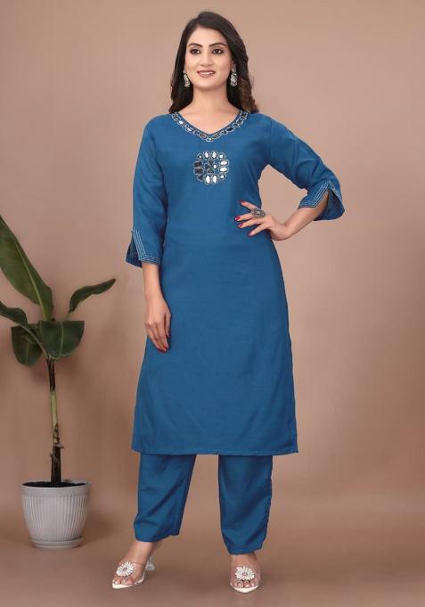 Blue Embroidery Cotton Kurta Set