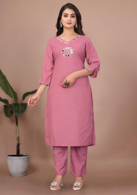 Pink Embroidery Cotton Kurta Set
