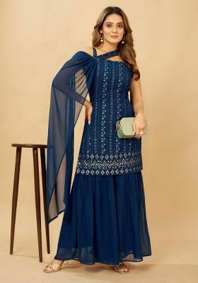 Blue Embroidery Georgette Kurta Set