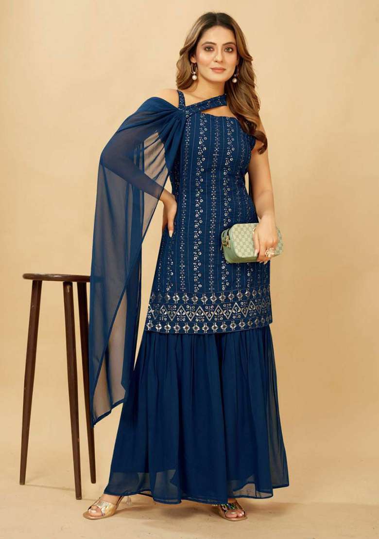 Blue Embroidery Georgette Kurta Set - Indya