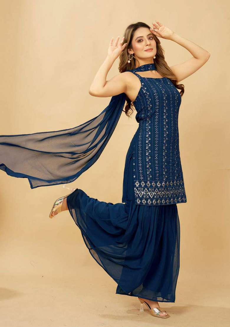 Blue Embroidery Georgette Kurta Set - Indya