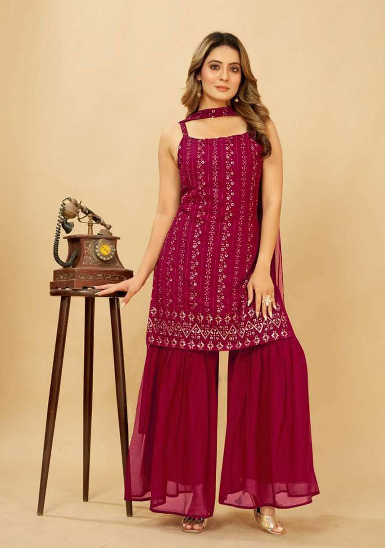 Pink Embroidery Georgette Kurta Set - Indya