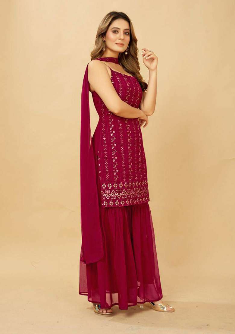 Pink Embroidery Georgette Kurta Set - Indya