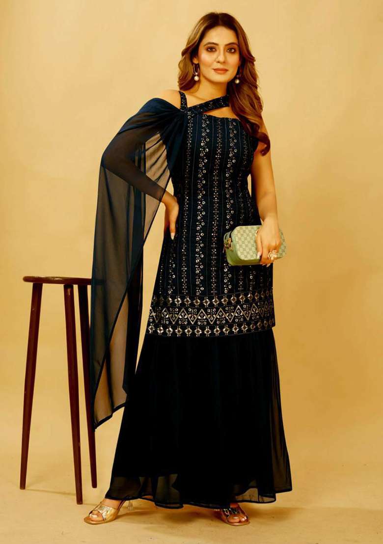 Black Embroidery Georgette Kurta Set - Indya