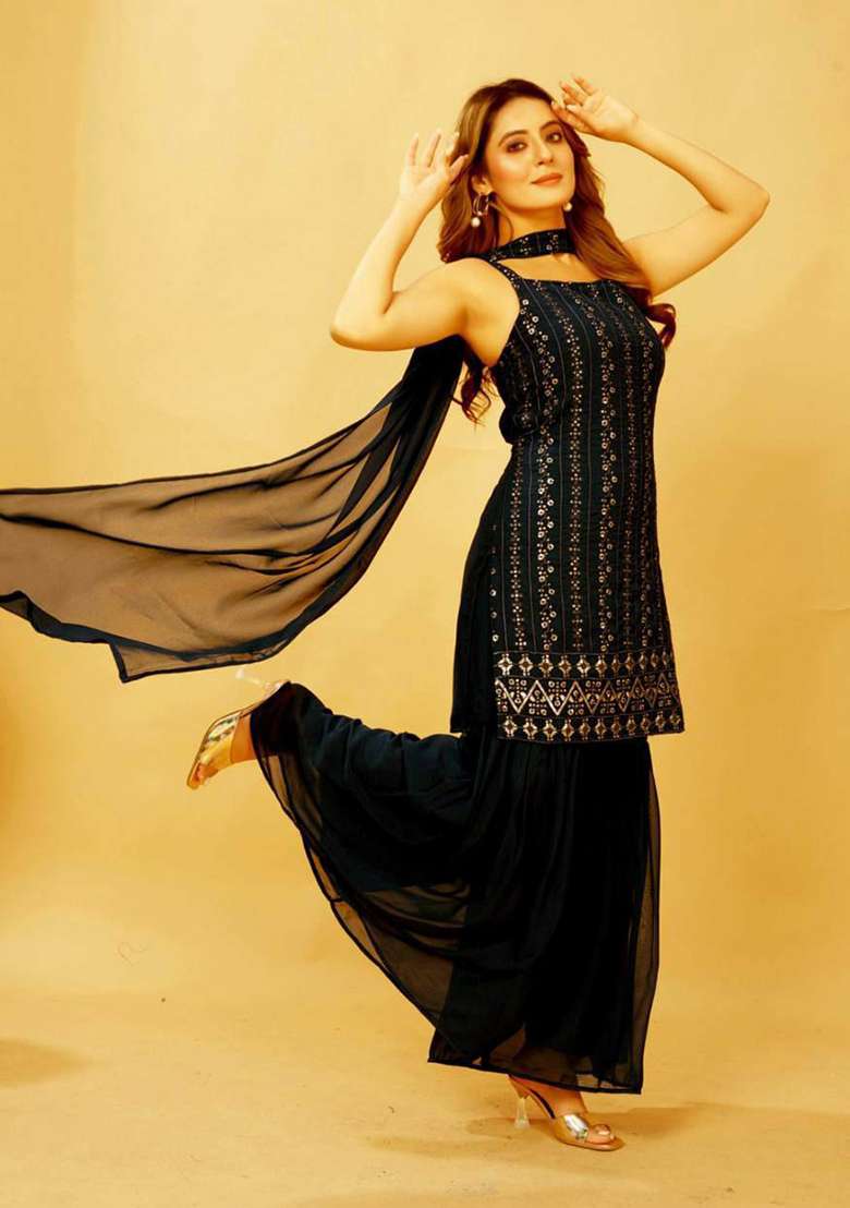 Black Embroidery Georgette Kurta Set - Indya