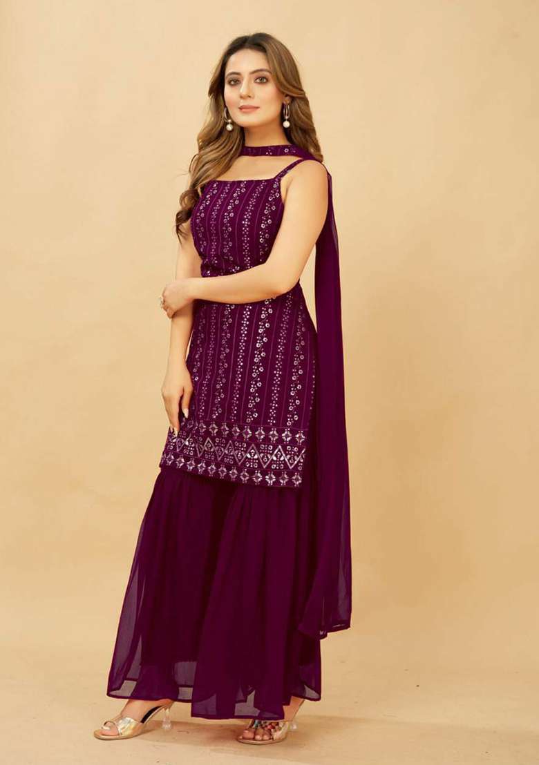 Purple Embroidery Georgette Kurta Set - Indya