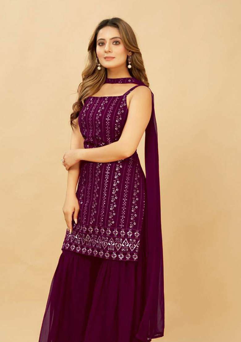 Purple Embroidery Georgette Kurta Set - Indya