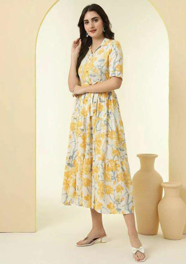 Yellow Embroidery Rayon Kurta Set - Indya