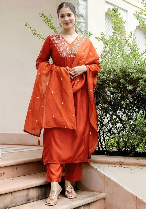 Orange Embroidery Viscose Kurta Set