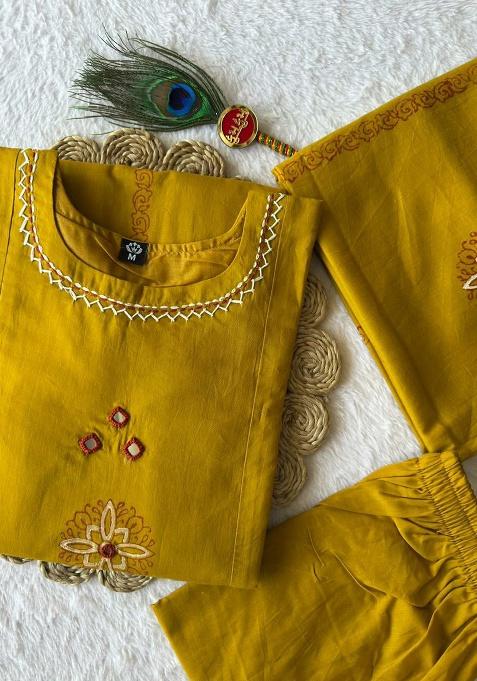 Mustard Embroidery Cotton Kurta Set