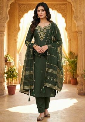 Mehendi Green Embroidery Silk Kurta Set