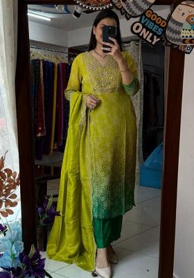 Green Embroidery Silk Blend Kurta Set