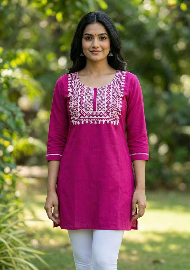 Rani Pink Embroidery Rayon Kurta Set - Indya