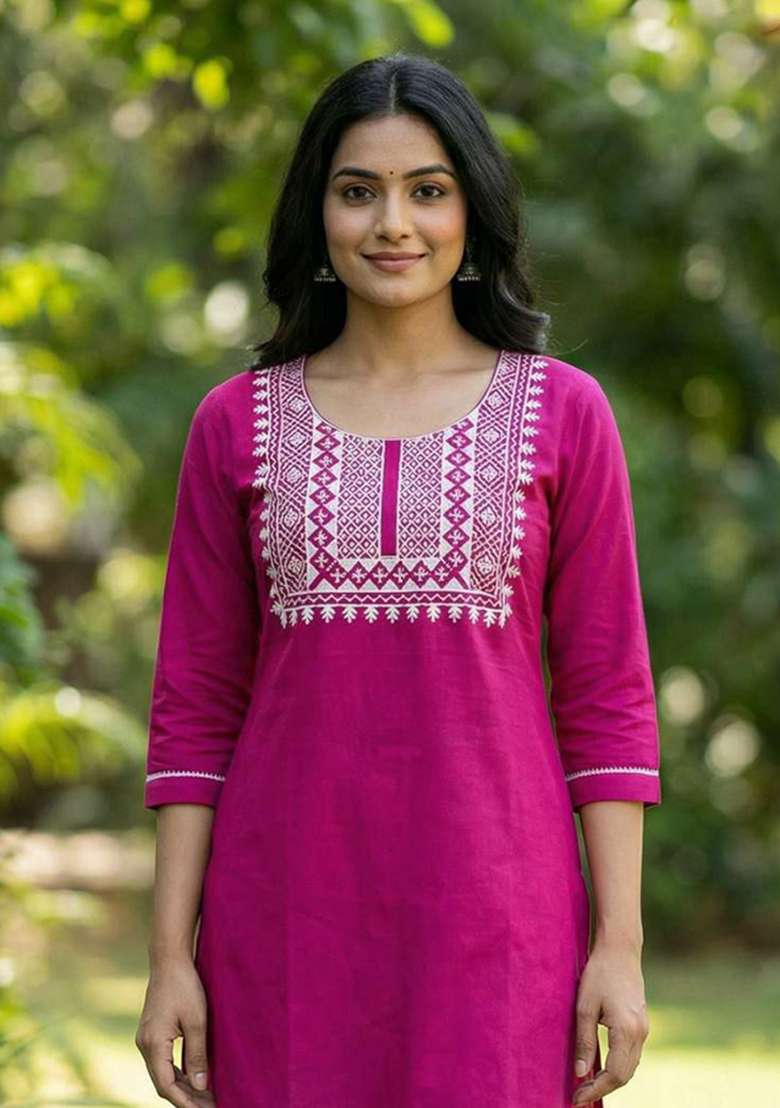 Rani Pink Embroidery Rayon Kurta Set - Indya