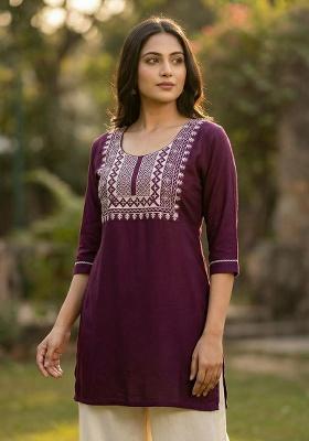 Purple Embroidery Rayon Kurta Set