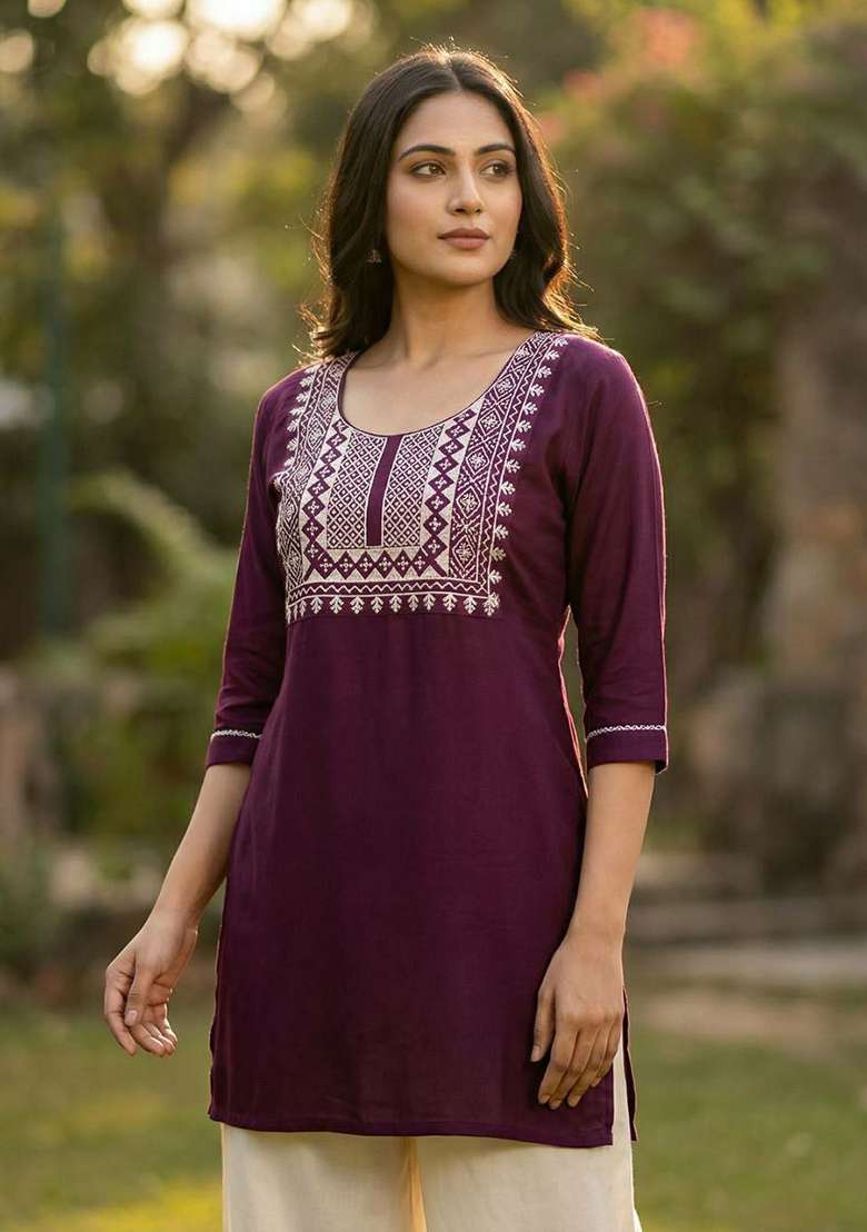 Purple Embroidery Rayon Kurta Set - Indya