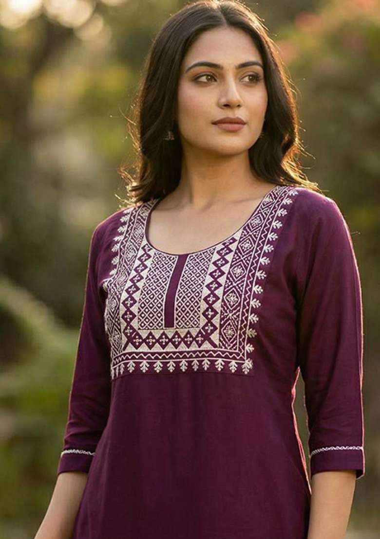 Purple Embroidery Rayon Kurta Set - Indya