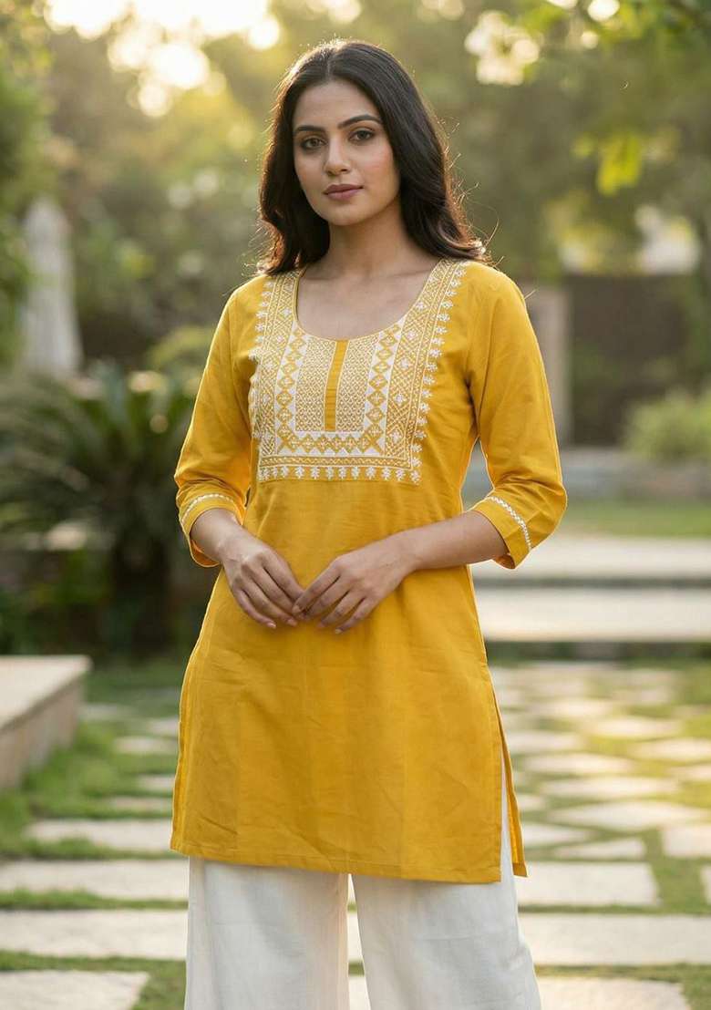 Yellow Embroidery Rayon Kurta Set - Indya