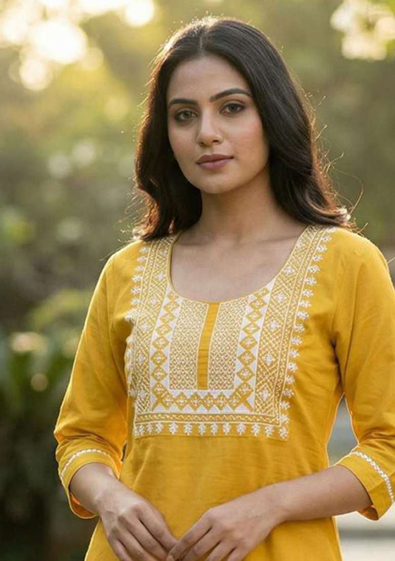 Yellow Embroidery Rayon Kurta Set - Indya