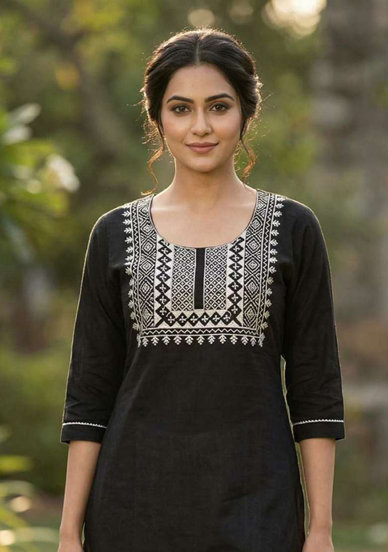 Black Embroidery Rayon Kurta Set - Indya