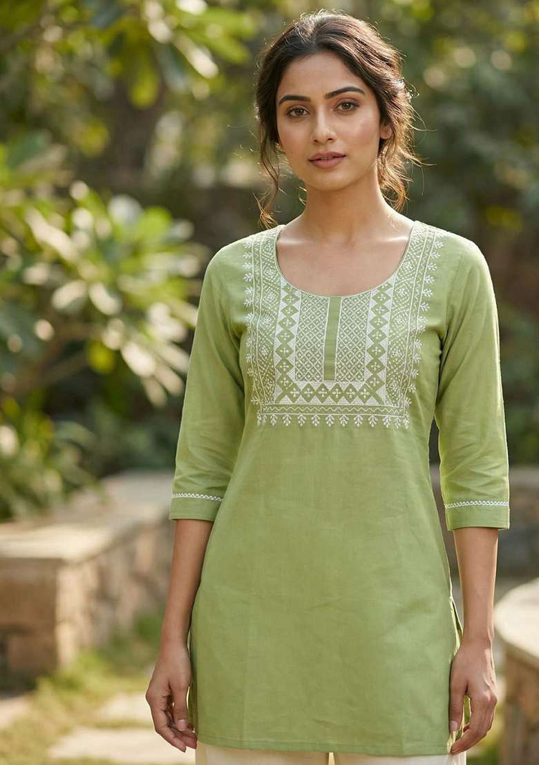 Green Embroidery Rayon Kurta Set - Indya