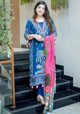 Blue Embroidery Muslin Kurta Set