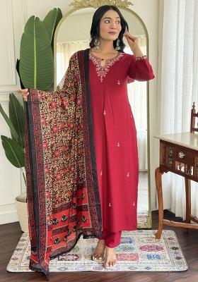 Red Embroidery Viscose Kurta Set