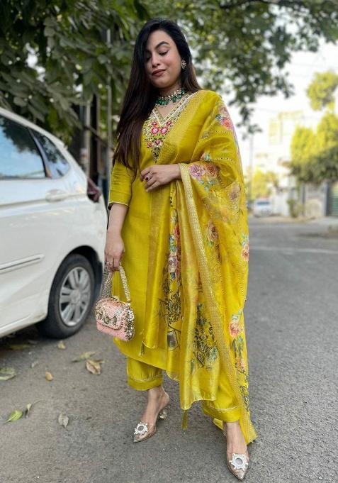 Yellow Embroidery Viscose Kurta Set