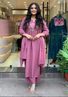 Purple Embroidery Cotton Kurta Set