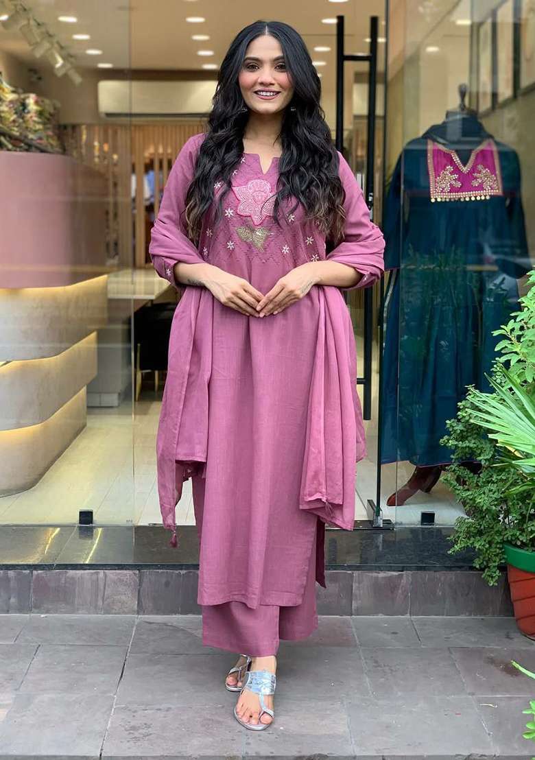 Purple Embroidery Cotton Kurta Set - Indya