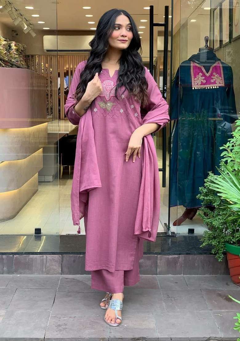 Purple Embroidery Cotton Kurta Set - Indya