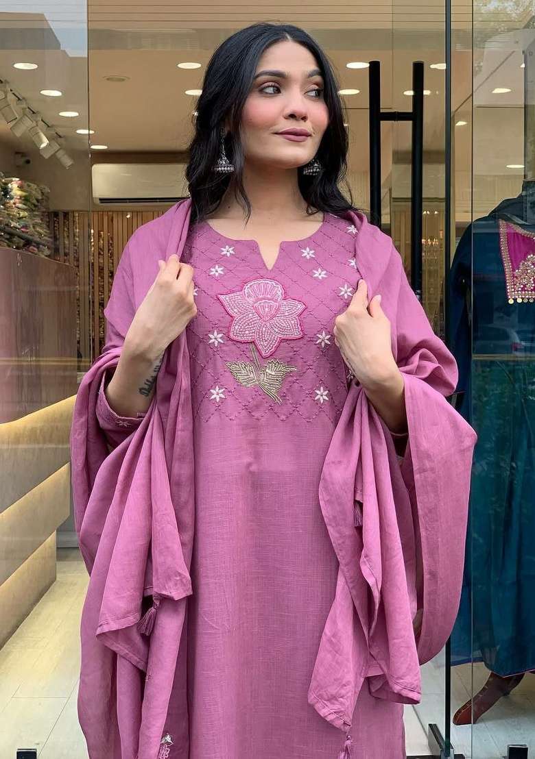 Purple Embroidery Cotton Kurta Set - Indya