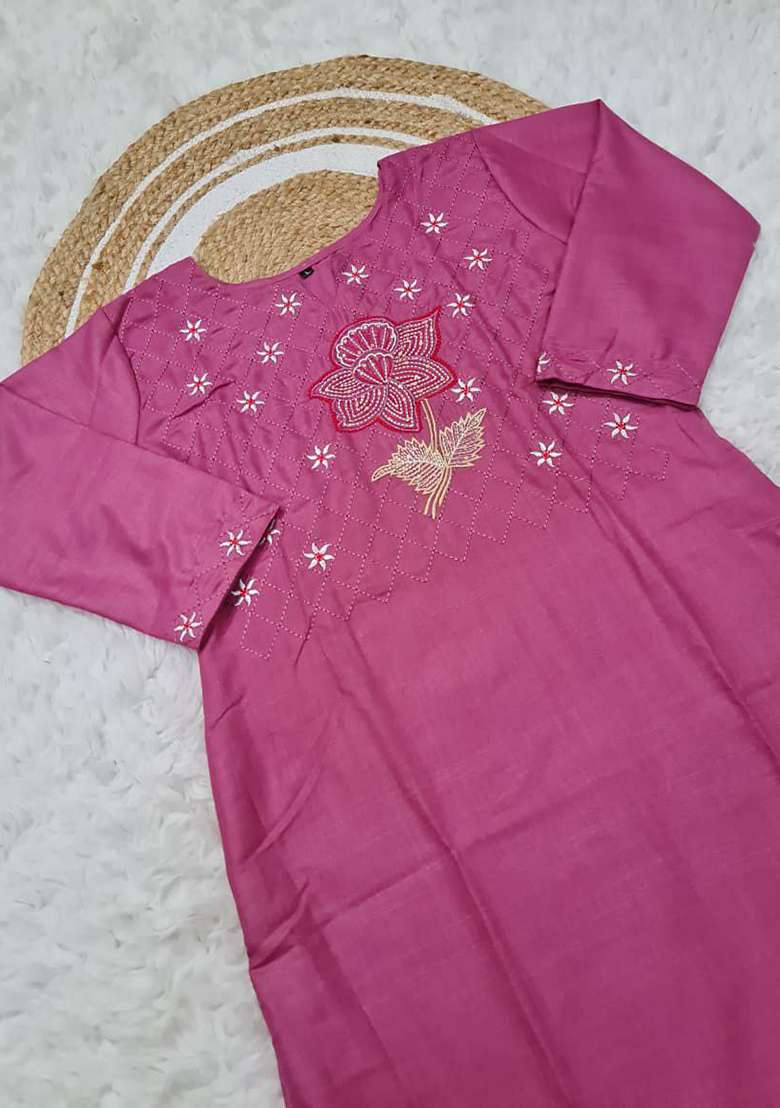 Purple Embroidery Cotton Kurta Set - Indya