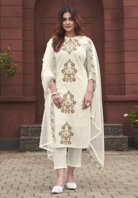 White Embroidery Rayon Kurta Set