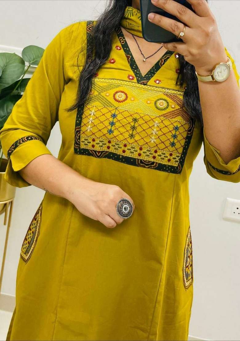 Yellow Embroidery Rayon Kurta Set - Indya
