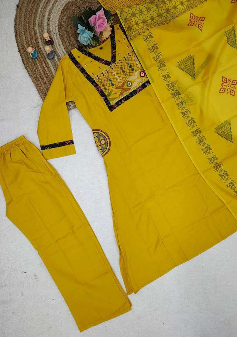 Yellow Embroidery Rayon Kurta Set - Indya