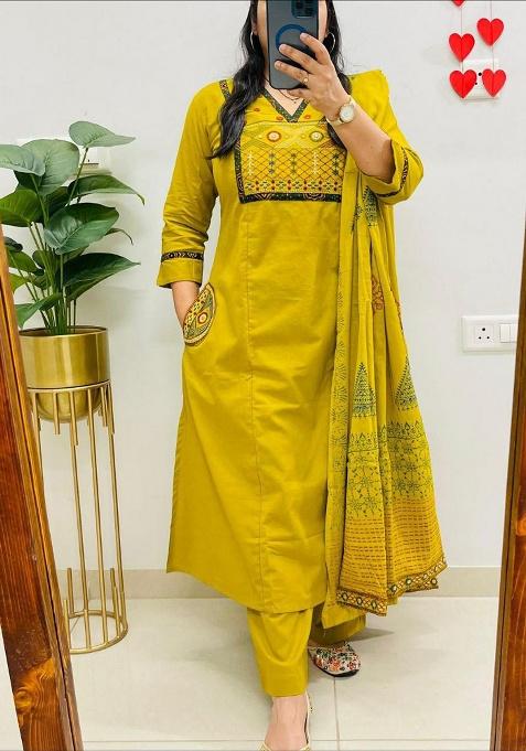 Yellow Embroidery Rayon Kurta Set