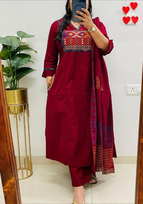 Red Embroidery Rayon Kurta Set