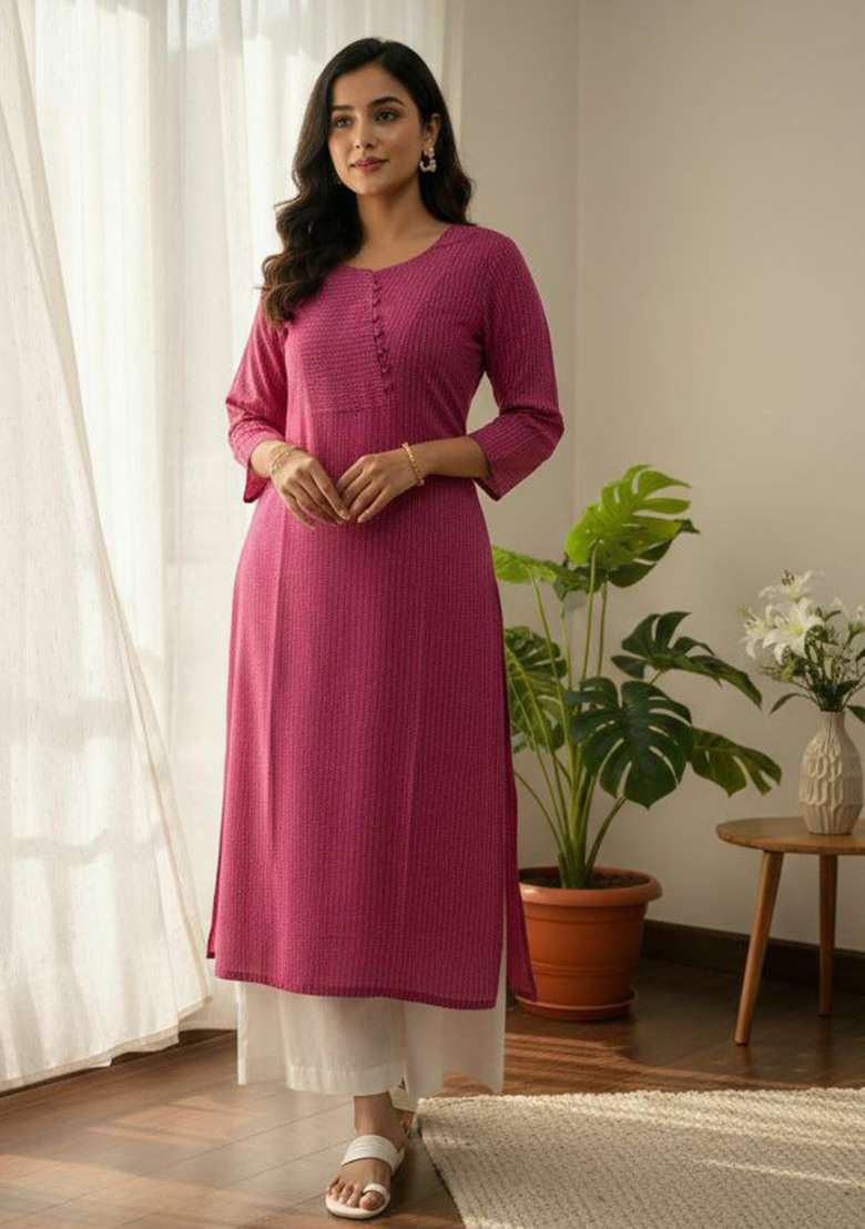 Pink Embroidery Cotton Kurta Set - Indya