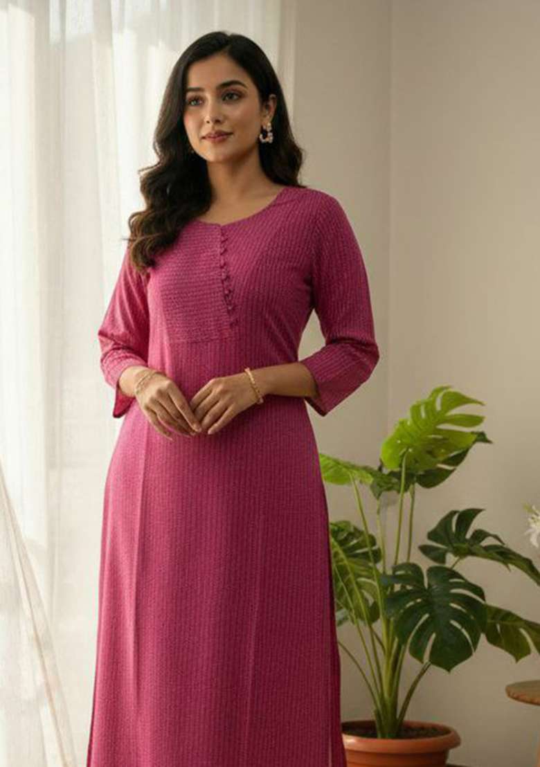 Pink Embroidery Cotton Kurta Set - Indya