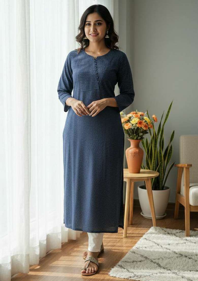 Blue Embroidery Cotton Kurta Set - Indya