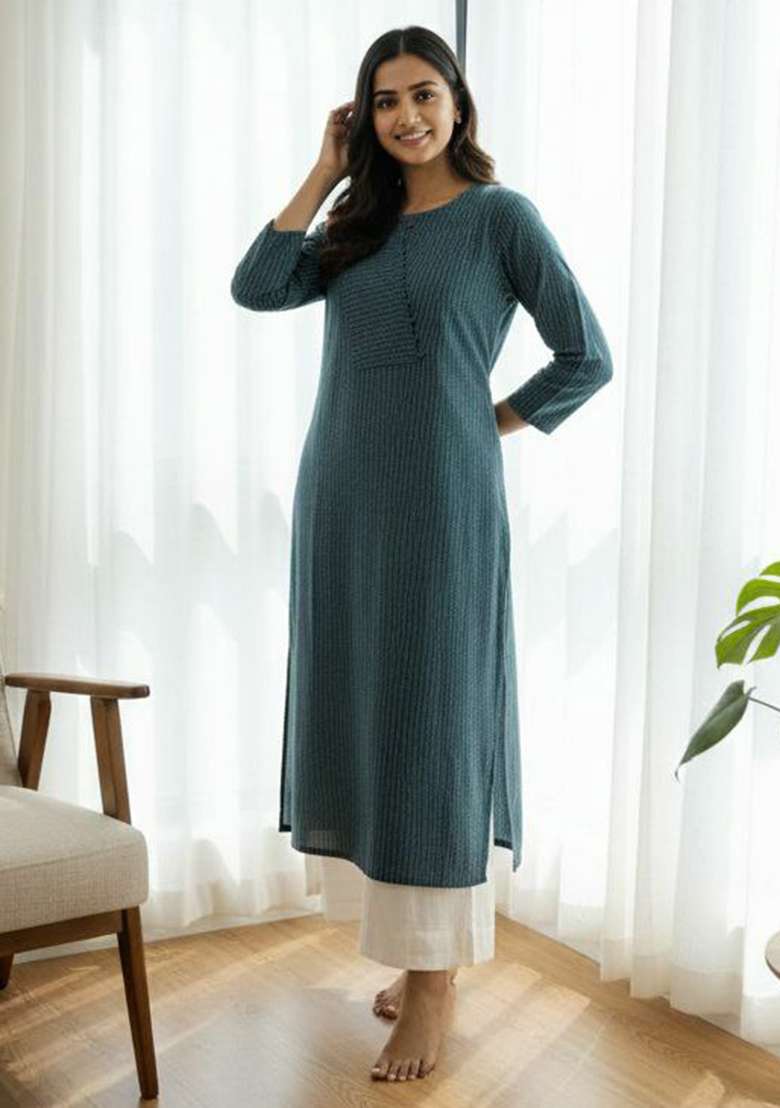 Blue Embroidery Cotton Kurta Set - Indya