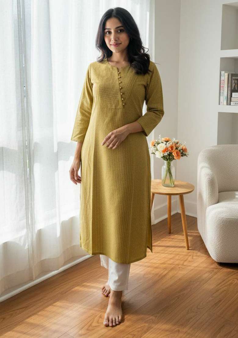 Yellow Embroidery Cotton Kurta Set - Indya