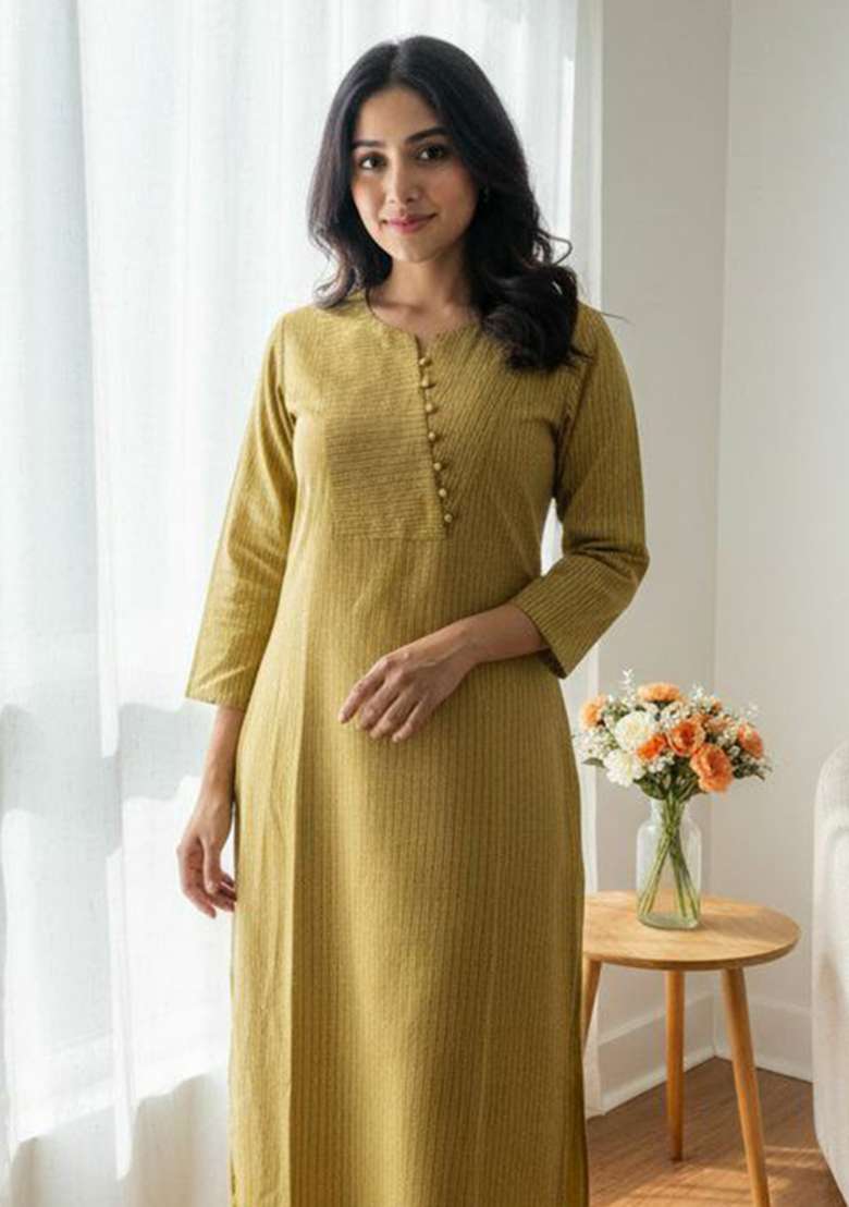 Yellow Embroidery Cotton Kurta Set - Indya