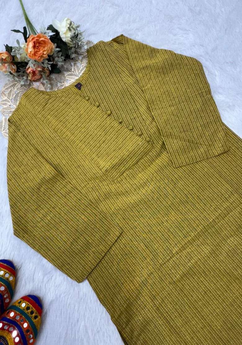 Yellow Embroidery Cotton Kurta Set - Indya