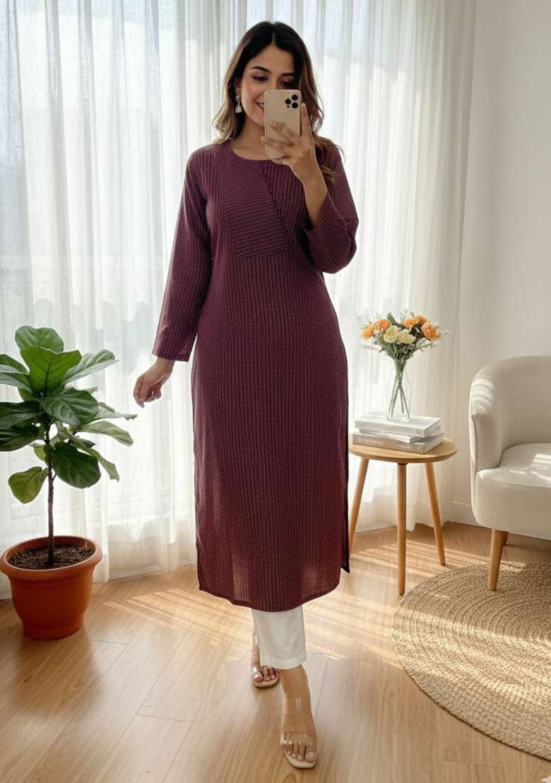 Maroon Embroidery Cotton Kurta Set - Indya