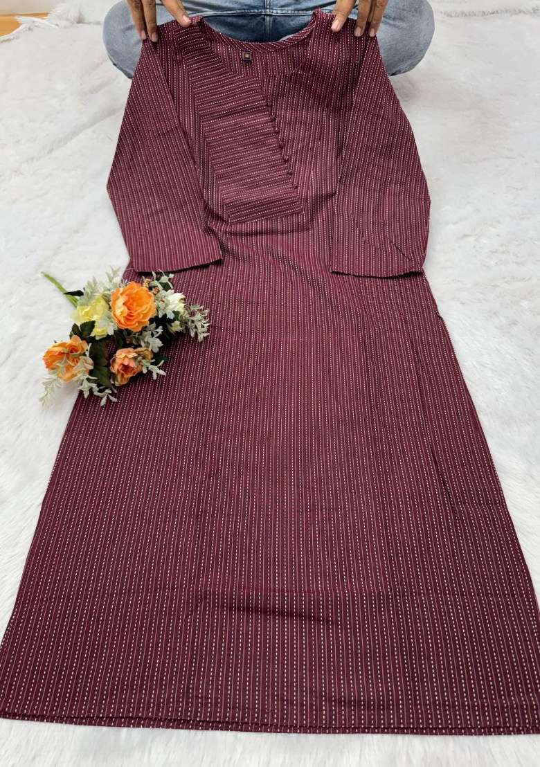 Maroon Embroidery Cotton Kurta Set - Indya