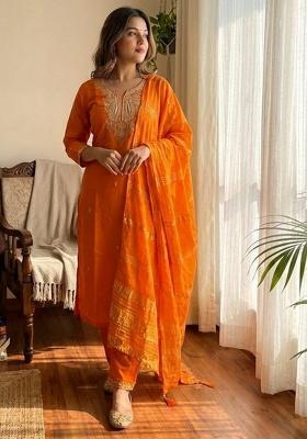 Orange Embroidery Silk Kurta Set