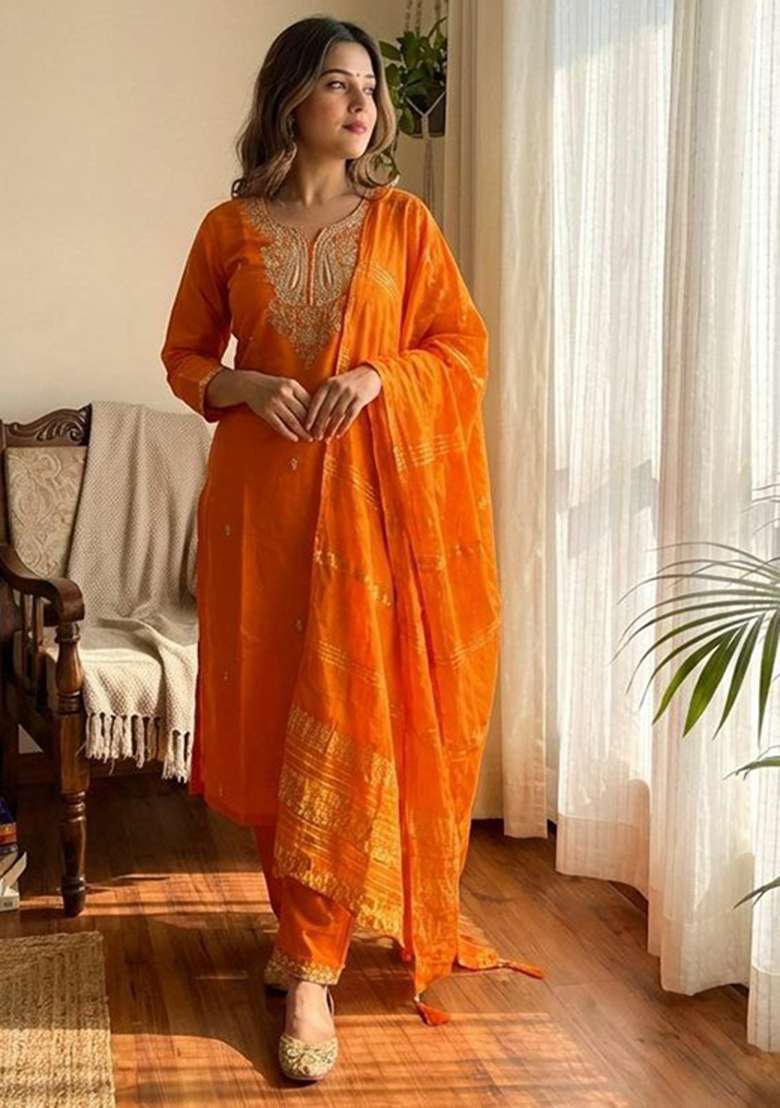 Orange Embroidery Silk Kurta Set - Indya