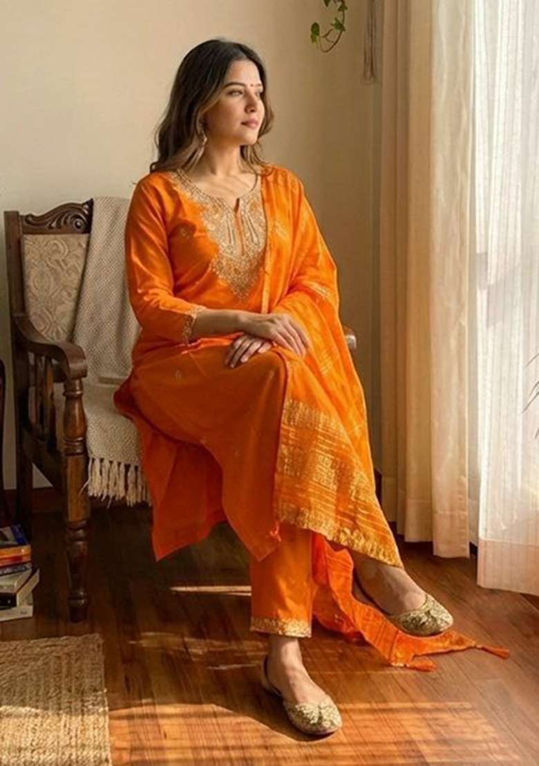 Orange Embroidery Silk Kurta Set - Indya